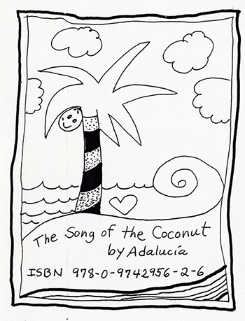 A  black and white drawing of a palm tree, near the water, with a coconut, it also has the ISBN numbers for the book.
